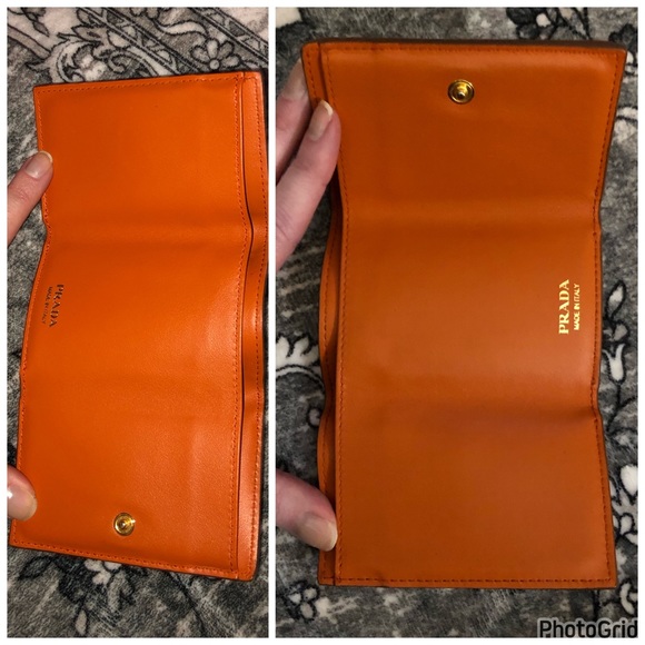 Prada AUTHENTIC Tan Leather Orange Interior Trifold Gold Logo Compact Wallet - Picture 14 of 16